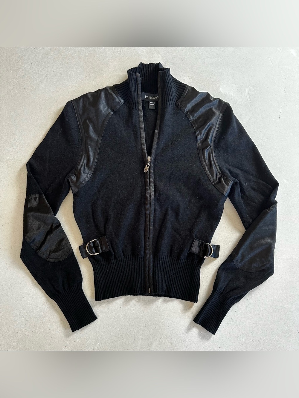Authentic bebe Black Bomber Jacket with Contrast Faux Leather Panels